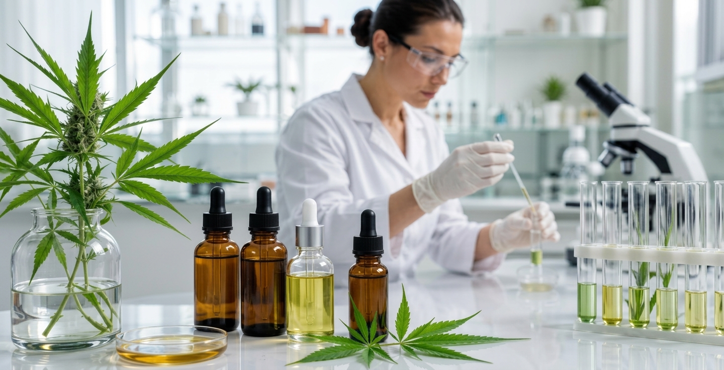 Une personne consulte attentivement un certificat d'analyse à côté d'un flacon d'huile de CBD sur une table de travail domestique