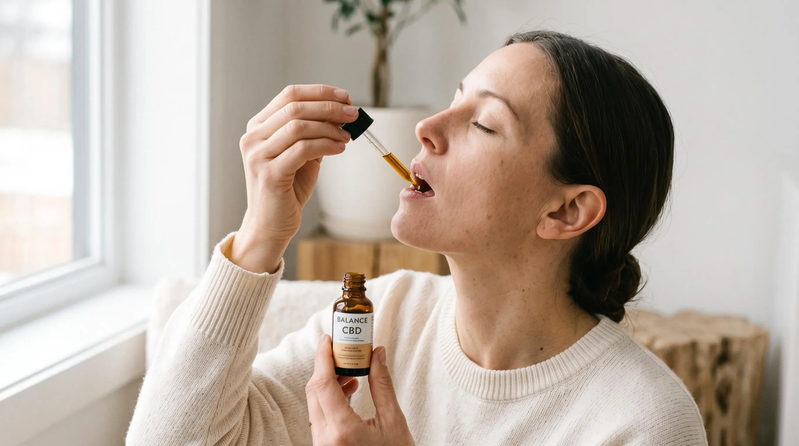Une personne applique de l'huile de CBD sous la langue à l'aide d'une pipette dans un environnement domestique lumineux et naturel