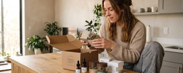 Une personne découvre et examine des produits CBD variés fraîchement livrés sur une table en bois dans un intérieur domestique naturel