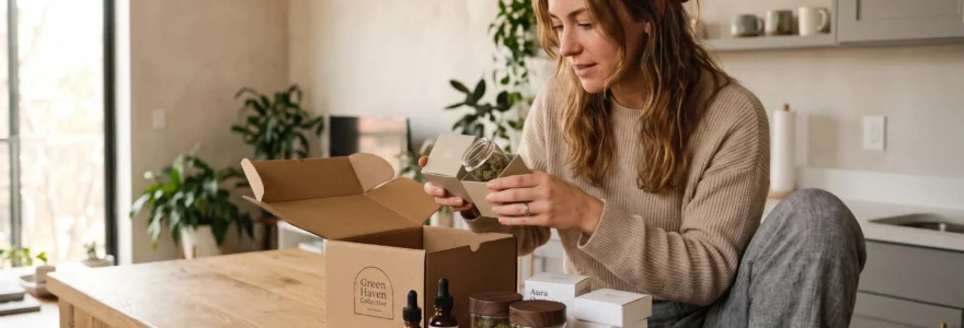 Une personne découvre et examine des produits CBD variés fraîchement livrés sur une table en bois dans un intérieur domestique naturel