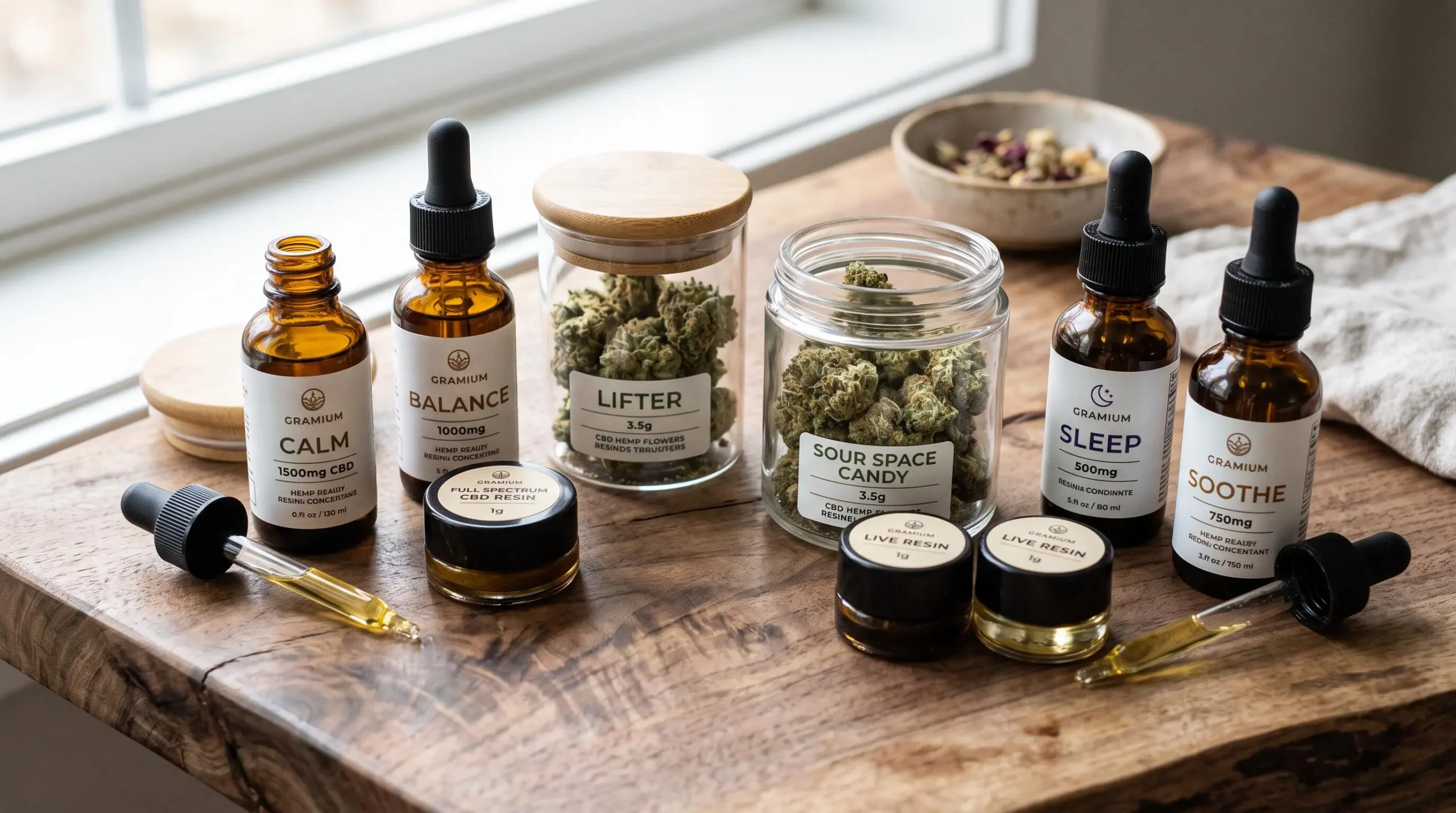 Assortiment de produits CBD incluant des fleurs dans des bocaux en verre, des flacons d'huile ambrée et des contenants de résine disposés sur une surface naturelle en bois